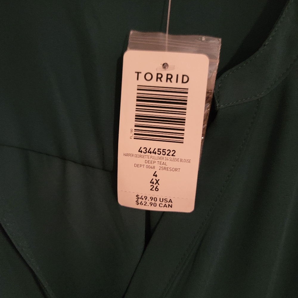 Torrid NWT Size 4 Harper Georgette 3/4 Sleeve Teal V-Neck Women's Top - Picture 5 of 6